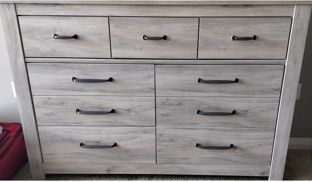 Modern Whitewashed 7-Drawer Dresser & 2 End Tables with Light